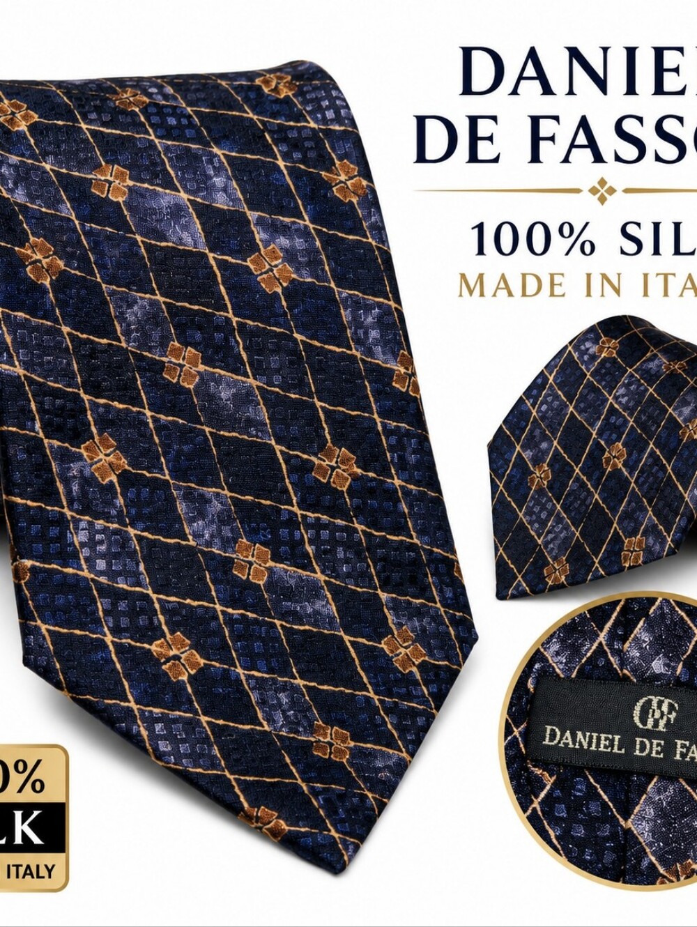 Classic Navy Tie with Brown Geometric Accents